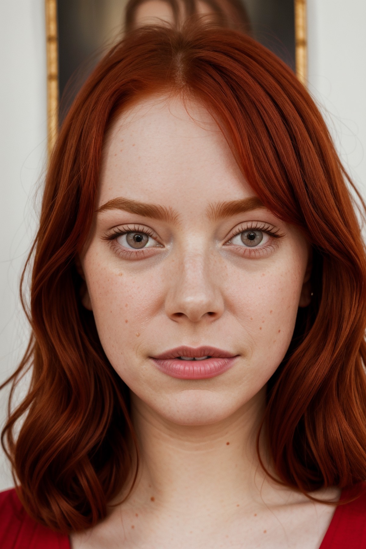 Portrait Photo a portrait, hyperdetailed photography, by Elizabeth Polunin, red haired young woman, Emma Stone, brooklyn, ...